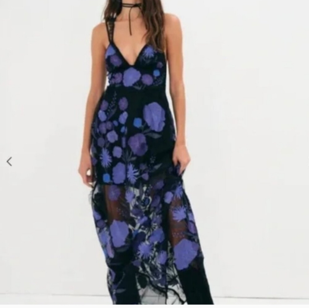 For Love & Lemons Black Maxi Dress with Purple Floral Embroidery